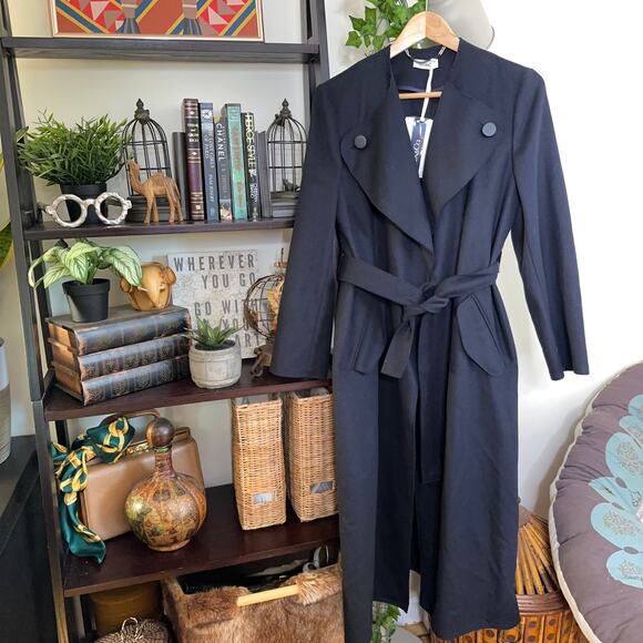 MAX&CO Decisio Wool Collarless Lapel Long Trench Coat Navy Blue Sz 2 NWT $789 - Picture 2 of 9